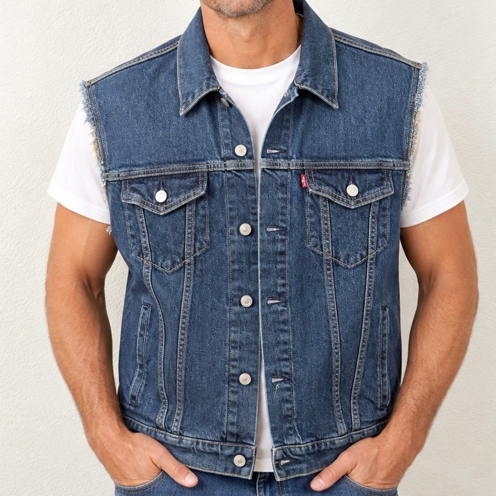 Levis Mens Standard Fit Denim Vest Dark Wash Distressed Frayed Sleeves Large